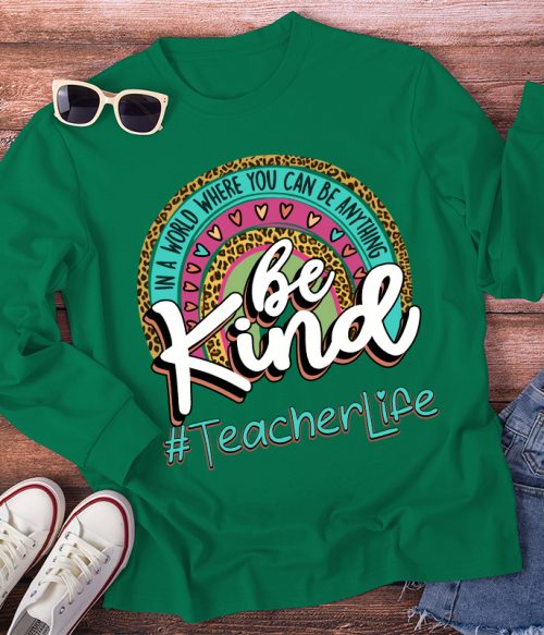Be Kind Leopard Print Rainbow Long Sleeve T-Shirt