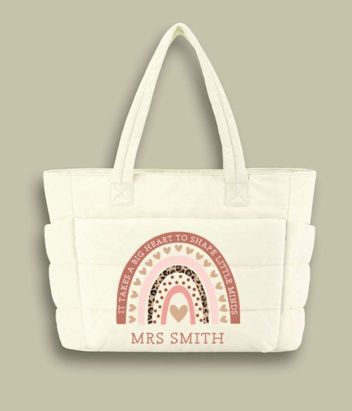 Personalized Pink Rainbow Teacher Puffy Tote Bag