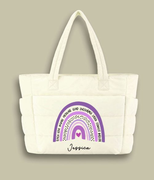 Personalized Purple Rainbow Teacher Puffy Tote Bag
