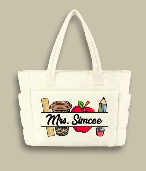 Personalized Pink Rainbow It Takes A Big Heart To Shape Little Minds Teacher Puffy Tote Bag