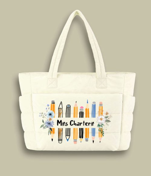 Personalized Name Colored Pencil Flowers Teacher Puffy Tote Bag