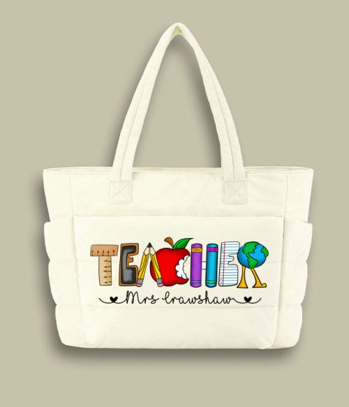 Personalized Name Cartoon Stationery Pencil Teacher Puffy Tote Bag