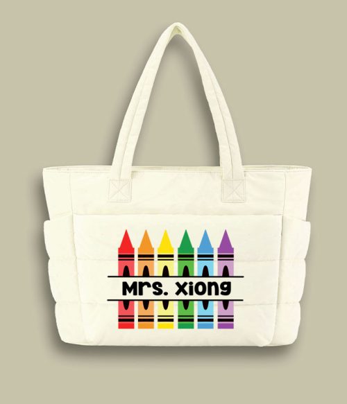 Personalized Pencil Crayon Teacher Puffy Tote Bag