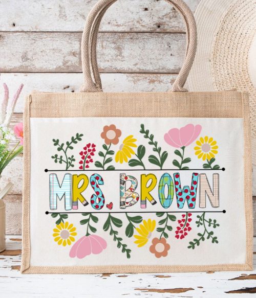 Personalized A Cluster Of Blooming Flowers Teacher Jute Lunch Bag