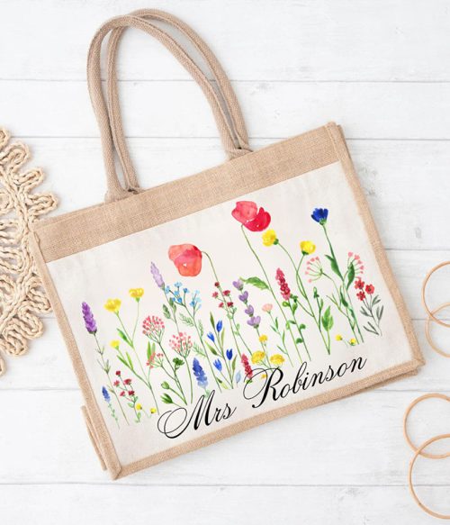 Personalized Wild Flower Teacher Jute Lunch Bag