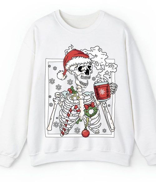 Skeleton With Smiling Skull Drinking Coffee Latte Teacher Sweatshirt