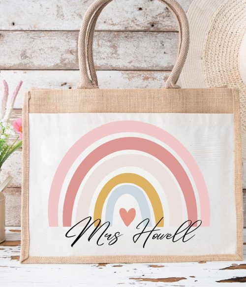 Personalized Pink Rainbow Teacher Jute Lunch Bag