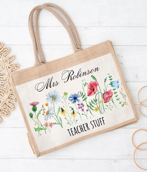 Personalized Flower Teacher Stuff Teacher Jute Lunch Bag