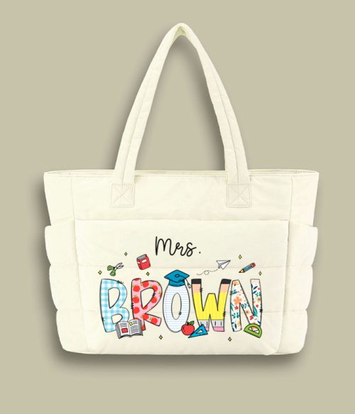 Personalized Name Cartoon Stationery Teacher Puffy Tote Bag