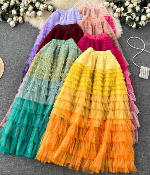 Gradient Color Irregular Mesh Long Cake Skirt Dress