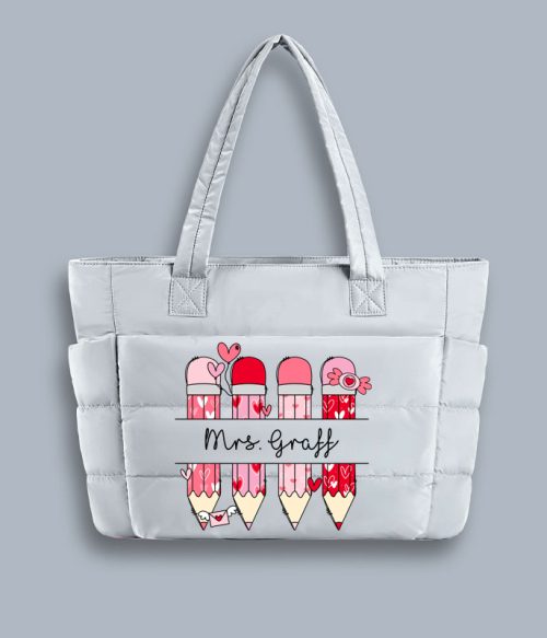 Personalized Pink Pencil Name Teacher Puffy Tote Bag