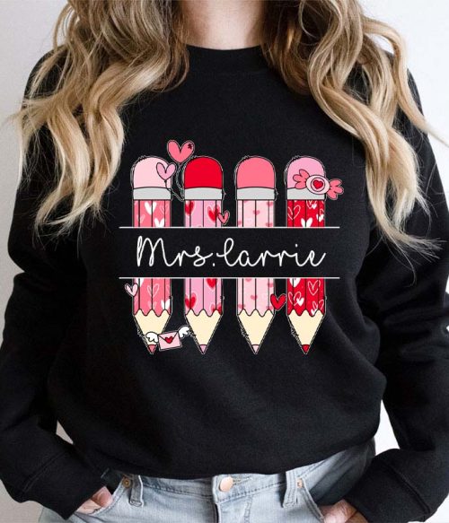 Personalized Pink Pencil Name Teacher Sweatshirt
