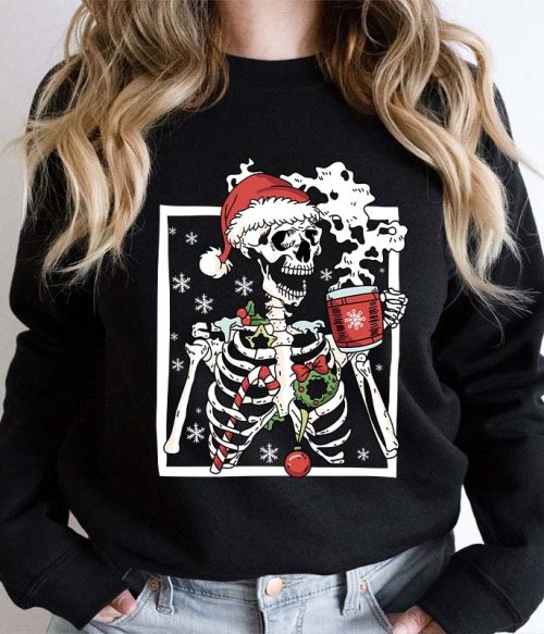 Skeleton With Smiling Skull Drinking Coffee Latte Teacher Sweatshirt