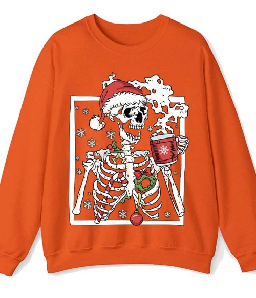 Skeleton With Smiling Skull Drinking Coffee Latte Teacher Sweatshirt
