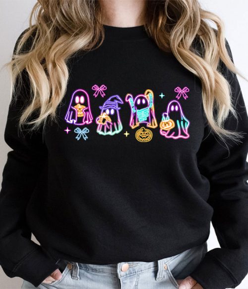 Colorful Neon Ghost Pumpkin Teacher Sweatshirt