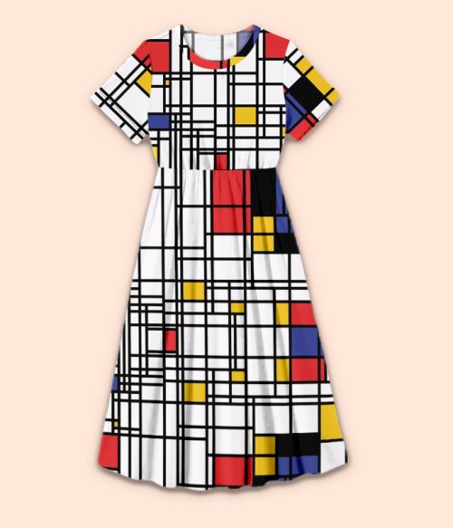 Composition II In Red Blue And Yellow Teacher Printed One Piece Dress