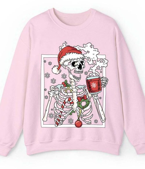 Skeleton With Smiling Skull Drinking Coffee Latte Teacher Sweatshirt