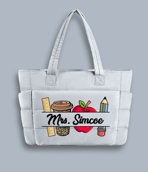 Personalized Pink Rainbow It Takes A Big Heart To Shape Little Minds Teacher Puffy Tote Bag