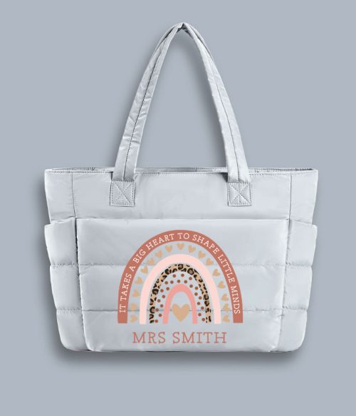 Personalized Pink Rainbow Teacher Puffy Tote Bag