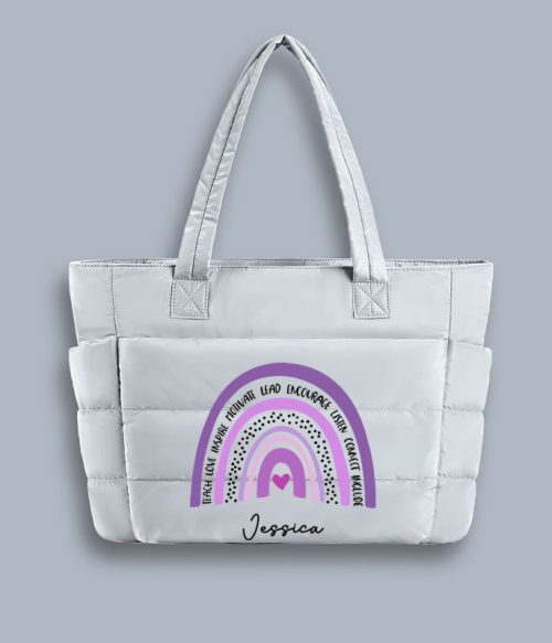 Personalized Purple Rainbow Teacher Puffy Tote Bag