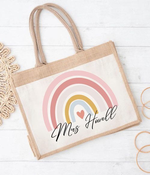 Personalized Pink Rainbow Teacher Jute Lunch Bag
