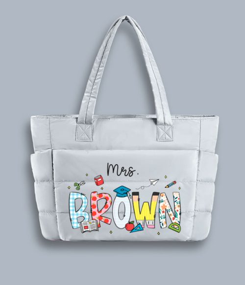 Personalized Name Cartoon Stationery Teacher Puffy Tote Bag