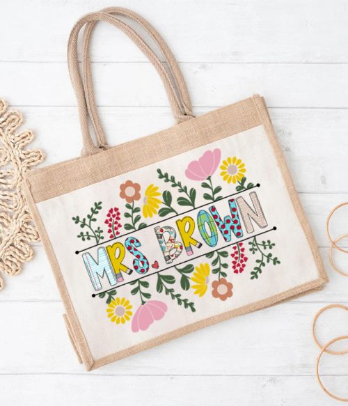 Personalized A Cluster Of Blooming Flowers Teacher Jute Lunch Bag