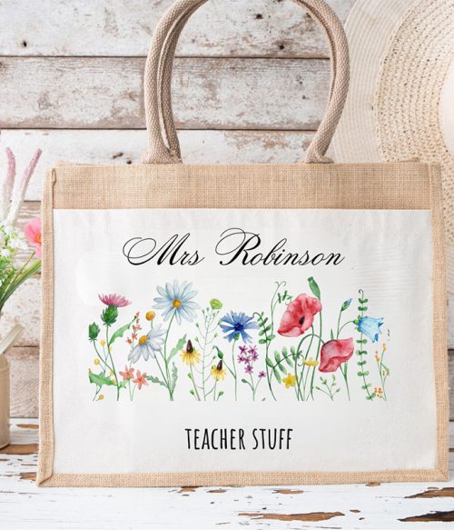 Personalized Flower Teacher Stuff Teacher Jute Lunch Bag