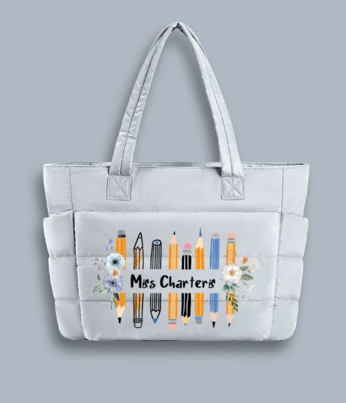 Personalized Name Colored Pencil Flowers Teacher Puffy Tote Bag