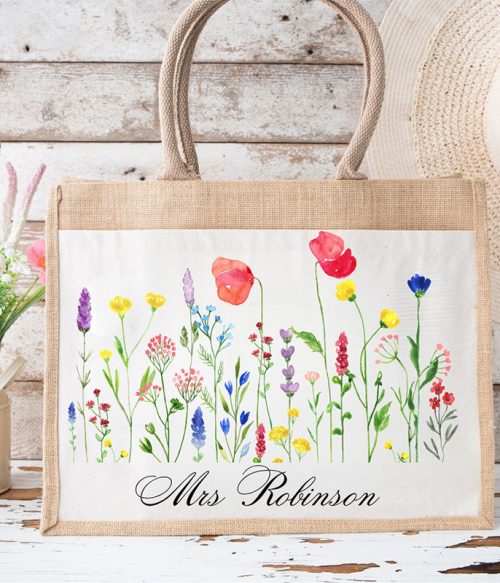 Personalized Wild Flower Teacher Jute Lunch Bag
