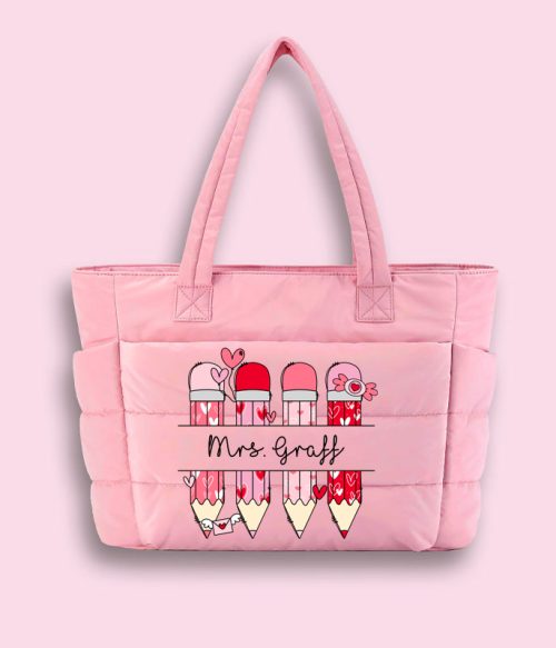 Personalized Pink Pencil Name Teacher Puffy Tote Bag