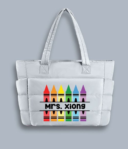 Personalized Pencil Crayon Teacher Puffy Tote Bag