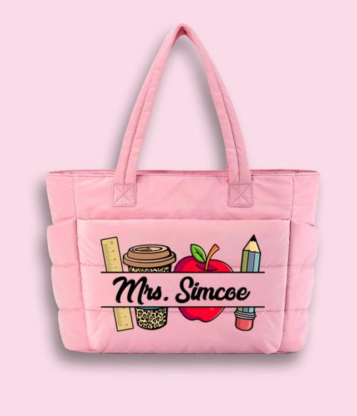 Personalized Pink Rainbow It Takes A Big Heart To Shape Little Minds Teacher Puffy Tote Bag