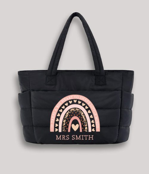 Personalized Pink Rainbow Teacher Puffy Tote Bag