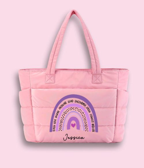Personalized Purple Rainbow Teacher Puffy Tote Bag