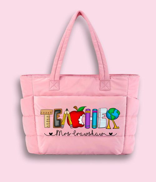Personalized Name Cartoon Stationery Pencil Teacher Puffy Tote Bag