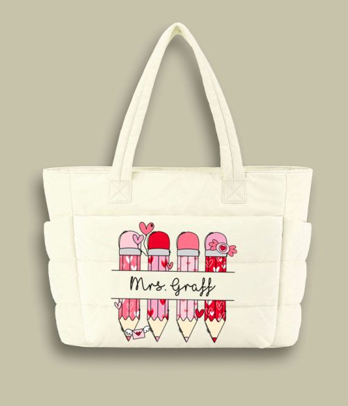 Personalized Pink Pencil Name Teacher Puffy Tote Bag