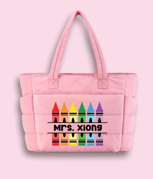 Personalized Pencil Crayon Teacher Puffy Tote Bag