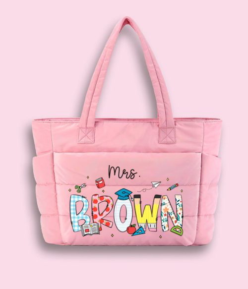 Personalized Name Cartoon Stationery Teacher Puffy Tote Bag