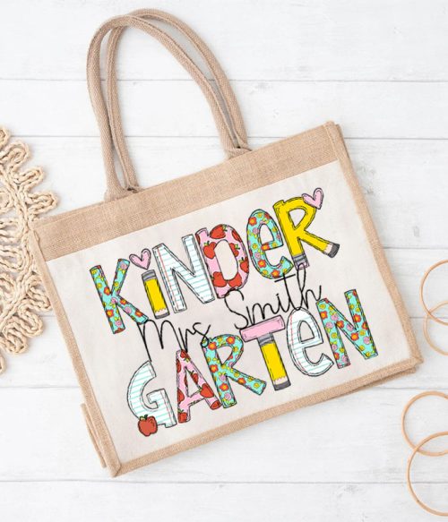 Personalized Natural Flowers Grade Teacher Jute Lunch Bag