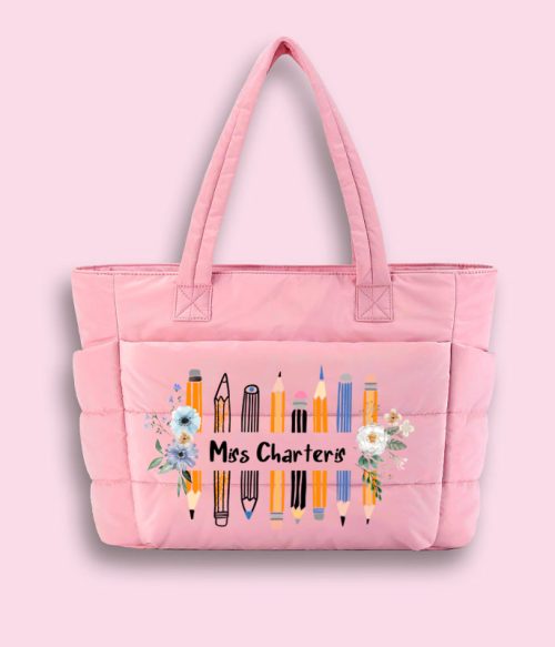 Personalized Name Colored Pencil Flowers Teacher Puffy Tote Bag