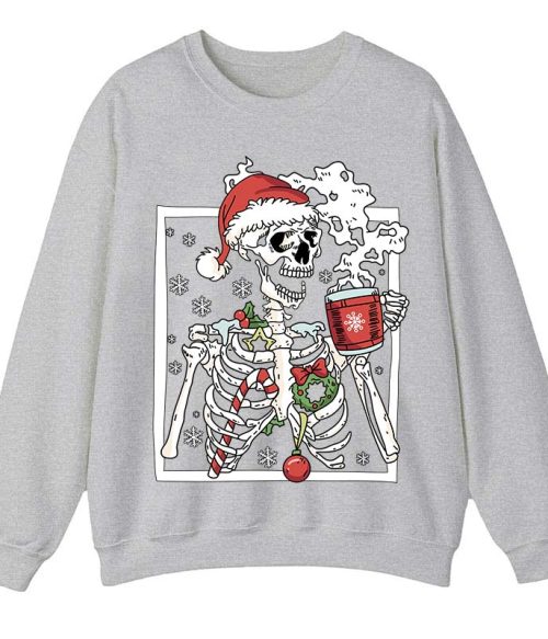 Skeleton With Smiling Skull Drinking Coffee Latte Teacher Sweatshirt