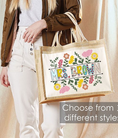 Personalized A Cluster Of Blooming Flowers Teacher Jute Lunch Bag