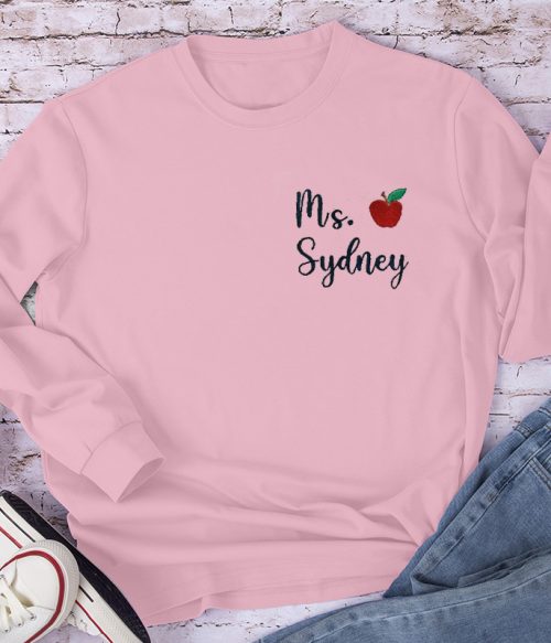Personalized Apple Teacher Name Teacher Embroidery Long Sleeve T-Shirt