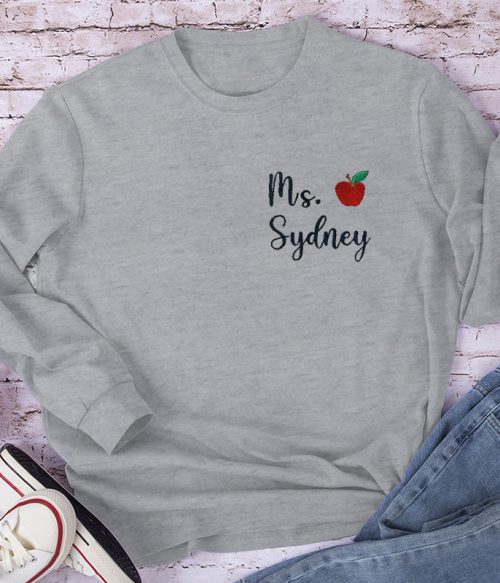 Personalized Apple Teacher Name Teacher Embroidery Long Sleeve T-Shirt