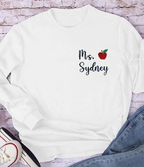 Personalized Apple Teacher Name Teacher Embroidery Long Sleeve T-Shirt