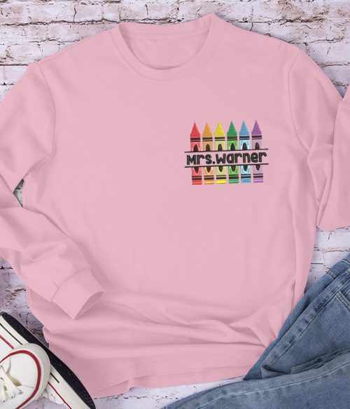 Personalized Colorful Caryons Teacher Embroidery Long Sleeve T-Shirt
