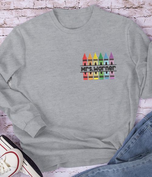 Personalized Colorful Caryons Teacher Embroidery Long Sleeve T-Shirt