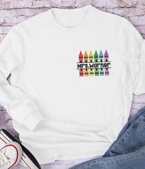 Personalized Colorful Caryons Teacher Embroidery Long Sleeve T-Shirt