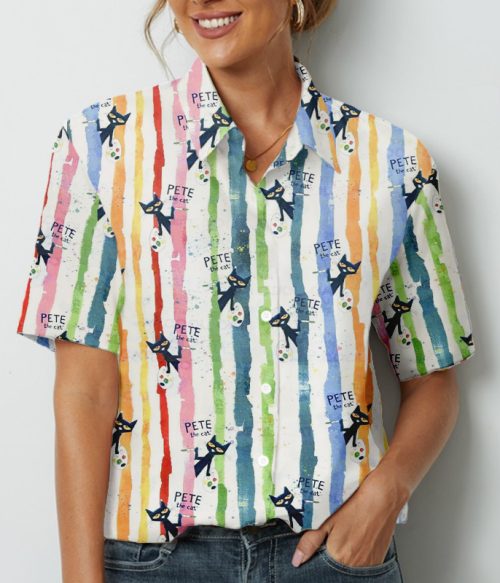 Color Striped And Black Cartoon Cat Teacher Short Sleeve Shirt